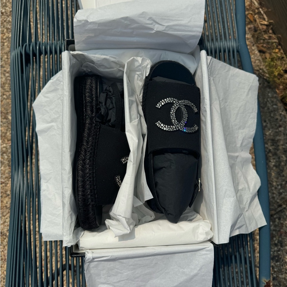 Black sandal rhinestone Chanel platforms